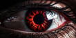 A close up of a red eye with the word blood on it, Red woman eye close up view, Dark Red Evil Eye Staring In The Darkness. 