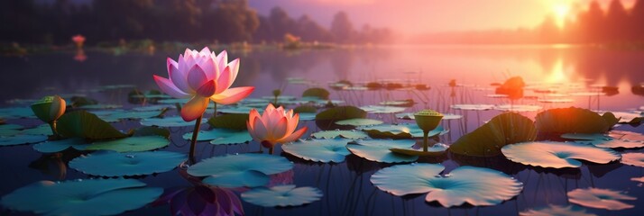 Poster - beautiful lotus flower in blooming at sunset