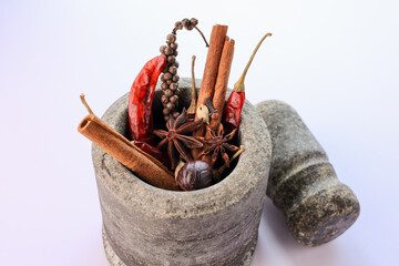 Poster - Indian spices for Indian cooking Masala hot spicy curry whole spices turmeric, cardamom, black pepper in wooden spoon curry leaves paprika in Indian spice box Kerala India Sri Lanka.