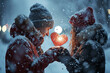 A winter wonderland transformed into a Valentine's paradise, with heart-shaped snowflakes gently falling, couples enjoying a snowball fight, and exchanging heartwarming messages on
