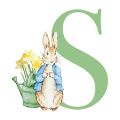 Green letter S with watercolor rabbit