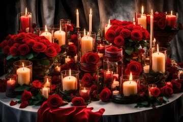 Wall Mural - red candles with red flowers and fire burning in the candles with roses abstract background 