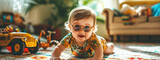 Fototapeta  - An adorable baby in trendy sunglasses crawls on a vintage rug, surrounded by classic toys, exuding the laid-back vibe of the 90s. The candid capture is full of life and playful energy.