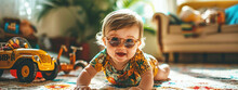 An Adorable Baby In Trendy Sunglasses Crawls On A Vintage Rug, Surrounded By Classic Toys, Exuding The Laid-back Vibe Of The 90s. The Candid Capture Is Full Of Life And Playful Energy.