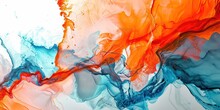 Abstract Fluid Texture Orange And Bright Blue On Paint Light Gray Background.