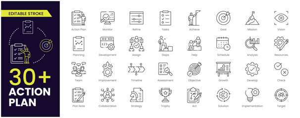 Action plan editable stroke icons set. Strategy, tasks, goal, action, planning, collaboration, Action Plan, Monitor, Improvement, Goal, Mission, Vision, Strategy and analysis. Vector Collections