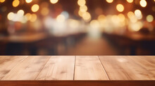 Wooden Board Empty Table In Front Of Blurred Background Coffee Shop With Lights