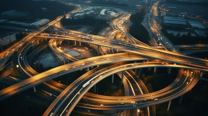 Canvas Print - Generative AI Bird's-eye views of an expressway interchange with directional ramps and overpasses, showcasing its functionality.