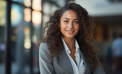 Business woman smiles with arms crossed in a stylish suit, hiring image for job postings