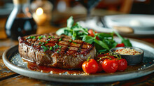 Gourmet Steak Meat On Dish With Herbs And Spices Delicious Tasty Food In Restaurant
