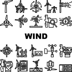 Wall Mural - wind energy power turbine icons set vector. farm renewable, sustainable industry, electric generator, green environment, mill wind energy power turbine black contour illustrations