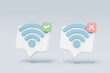 © Theeraphat - 3d wireless or wifi and sharing network bubble icon with checklist correction bubble icon. Hotspot access point for false, problem 3d, fail to connect. 3d wifi connected icon .3d render illustration.