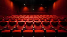 Empty Red Seats Cinema Rows Seats. Movie Night Concept. Movie Theatre Experience. 