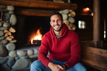 Poster - Portrait of a happy young man sitting in front of fireplace at home