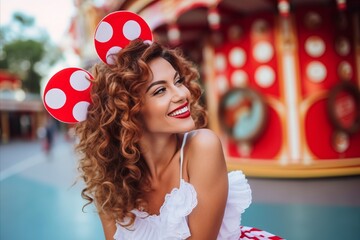 Poster - Portrait of a beautiful young woman in a white dress on the background of the amusement park.