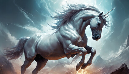 Fantasy Illustration of a wild unicorn Horse. Digital art style wallpaper background in pastel colors.