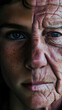Seamless Blend of Youth and Experience - Close-up portrait of a person with half face younger and half face older, merging the features of a young athlete with their veteran coach Gen AI