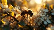 Bee pollinates flowers in the garden at sunset. Bee pollinates flowers.