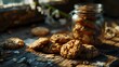 Oatmeal cookies with raisins and oat flakes, selective focus