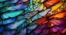 A Close Up Of A Colorful Pattern Of Wings Of A Dragonfly, With A Blue, Green, Purple, Yellow, And Red Wing Pattern
