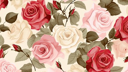 Poster - Beautiful roses background illustration. White, pink, and red flowers pattern.
