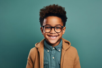 Smiling black kid boy studio portrait, simple background. AI generative