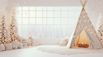 Wall Mural - Cozy winter living room, warm interior. Christmas and New Year concept