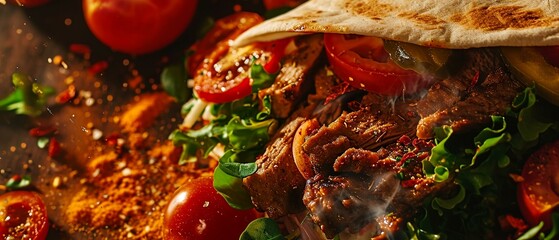 Wall Mural - fresh grilled beef turkish shawarma doner sandwich with flying ingredients and spices