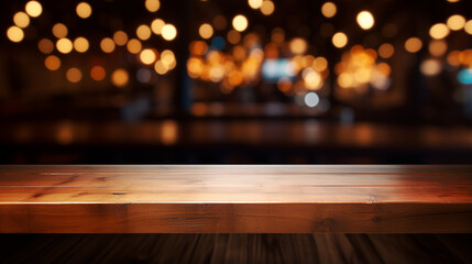 empty real wood table top with light reflection on scene at restaurant