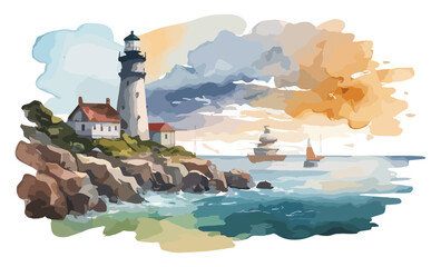 watercolor Seascape with rocks and an old lighthouse on the background of the sea with copy space, illustration