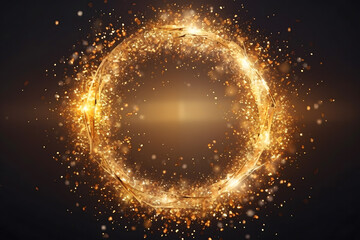 gold glitter circle of light shine sparkles and golden spark particles in circle frame on black back