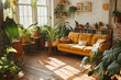 Cozy living room filled with natural light and lush green plants, featuring a stylish yellow sofa and modern home decor.