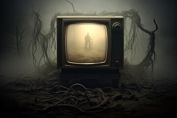 Wall Mural - an old television with a scary shadow on the screen. Halloween horror concept