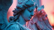 Close up of a female angel sculpture face. White marble statue of an angel in light blue and pink tones. For banner, backdrop, wallpaper, card, postcard