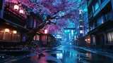 Fototapeta Londyn - A traditional Japanese street, illuminated by the soft glow of lanterns and neon signs, is graced with the fleeting beauty of cherry blossoms under a night sky,