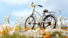 Vintage Bicycle Full Of Spring Flowers In The Basket Standing On A Meadow With Grass Growing Through The Melting Snow. Concept Of Spring Coming And Winter Leaving.