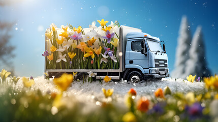 Wall Mural - Vintage truck with spring flowers on a meadow with grass and flowers growing through the melting snow. Concept of spring coming and winter leaving.