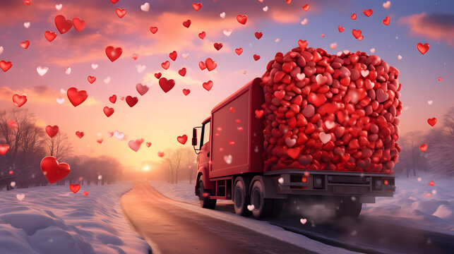 Red and pink decorated truck in motion carrying Valentine's pink and red hearts in a winter countryside with snow cover in sunset backlight.