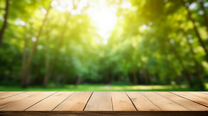 Wall Mural - Wood table top on blur green background of trees in park