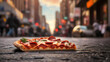 Capture the essence of city life with a close-up shot of a mouthwatering pepperoni pizza slice held against a bustling street road background
