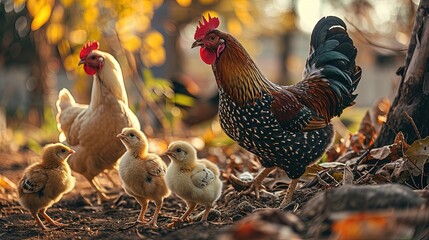 A mottled rooster and a hen with yellow newborn chicks in the farm yard. Autumn. Close-up view. Space for text.