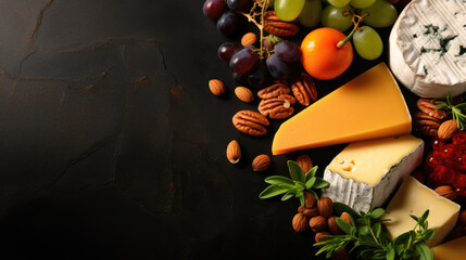 Wall Mural - Cheese ingredients with vegetables, grapes, herbs on dark slate background. copy space for text