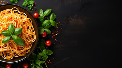 Wall Mural - Asian noodles ramen with basil and tomotoes  on  dark slate background, copy space for text