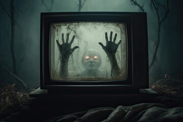 Wall Mural - Vintage television screen showing a scary shadow with raised hands, terrible Halloween horror concept.