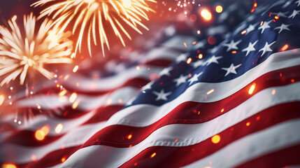 Fourth of July sale with 'Freedom Discounts' in patriotic 3D text, fireworks, and the American flag Independence Day shopping online