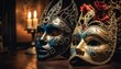  a couple of masquerade masks sitting on top of a wooden table next to a candelabra with a red rose in the middle of the mask.
