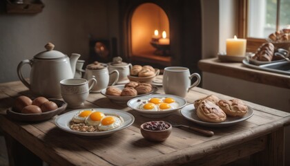 Canvas Print -  a wooden table topped with plates of food next to a cup of coffee and a teapot filled with eggs and muffins on top of a wooden table.