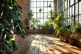 Fototapeta Storczyk - Empty room of modern contemporary loft with plants on wooden floor.