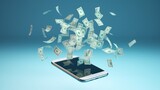 Fototapeta Kosmos - Digital Financial Success: Money Flying from Phone on Blue Background, Symbolizing Wealth in Online Transactions and Electronic Currency Innovation.