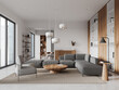 © ImageFlow - Stylish home living room interior with couch and dining table, panoramic window